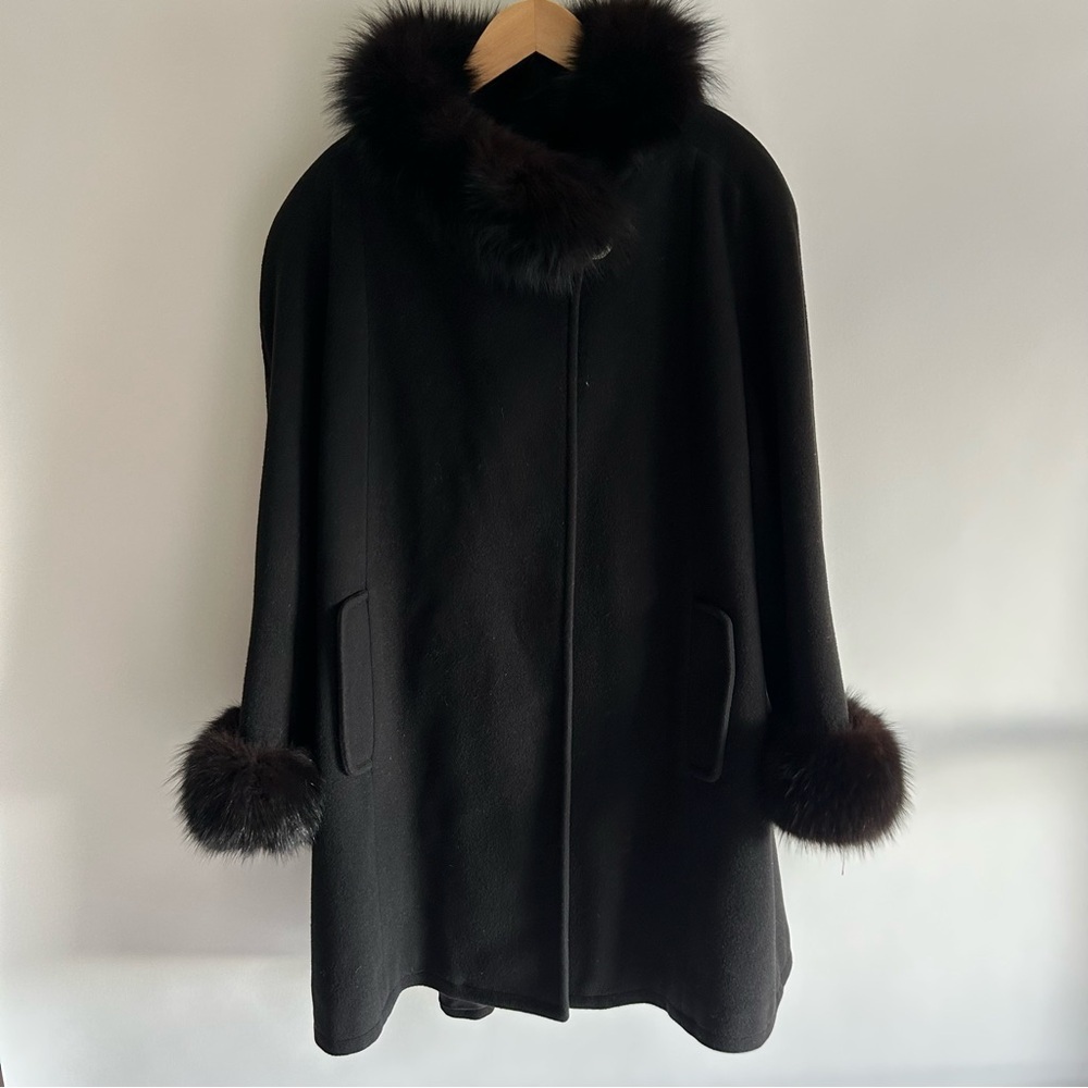 Nina Ricci vintage 1970s Wool Cashmere Fur Black Coat